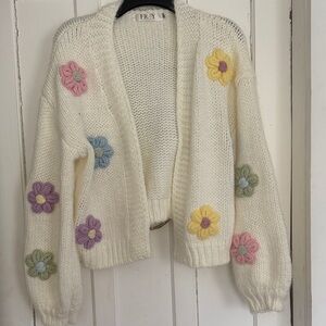 Frye Cream Knit Cardigan with Pastel Floral Appliqués